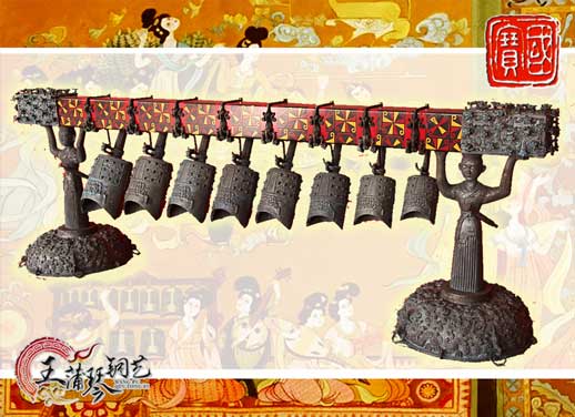 8件古編鐘，銅人銅座裝飾，可發(fā)音